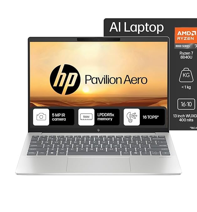 HP Pavilion Aero, AMD Ryzen 7-8840U AI Laptop, 16 Tops (16GB RAM, 512GB SSD), WUXGA 13.3"/33.8cm, Win 11, Office 2021, Silver, 1Kg, AMD Radeon Graphics, Ultra-Light, 5MP Camera, bg0017AU