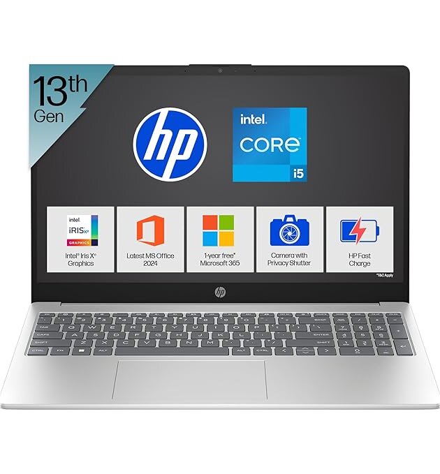 HP 15, 13th Gen Intel Core i5-1334U Laptop(16GB DDR4, 512GB SSD), 15.6"/39.6cm,FHD,Win 11,Office 24,Microsoft 365*, Silver,1.59kg, Iris Xe Graphics, FHD Camera w/Privacy Shutter, Backlit KB, fd0467tu