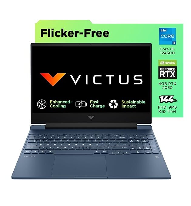 HP Victus, 12th Gen Intel Core i5-12450H, 4GB NVIDIA GeForce RTX 2050 Gaming Laptop (8GB RAM, 512GB SSD), 144Hz, IPS, 15.6"/39.6cm, Win 11, Office 2021, Blue, 2.3Kg, Enhanced Cooling, fa1310TX