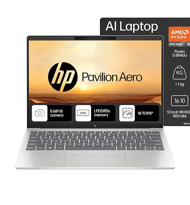 HP Pavilion Aero, AMD Ryzen 5-8640U AI Laptop (16GB RAM, 512GB SSD), WUXGA, 13.3"/33.8cm, Win 11, Office 2021, Silver, 1Kg, AMD Radeon Graphics, Ultra-Light, 5MP Camera, bg0016AU