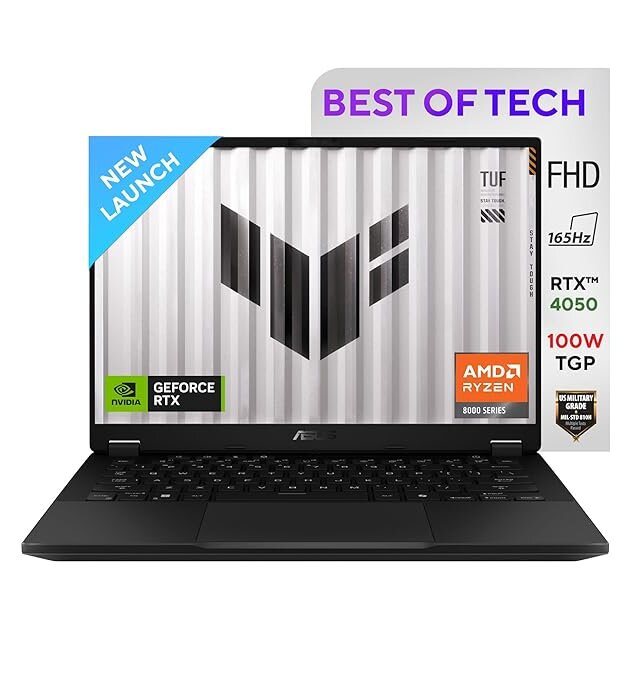ASUS TUF Gaming A14, AMD Ryzen 7 8845HS Gaming Laptop(NVIDIA RTX 4050-6GB/100WTGP/16GB RAM/1TB SSD/2.5K QHD+/14"/165Hz/Backlit KB/73WHr/Windows 11/Office 2021/Jaeger Gray/1.46 Kg) FA401UU-RG033WS