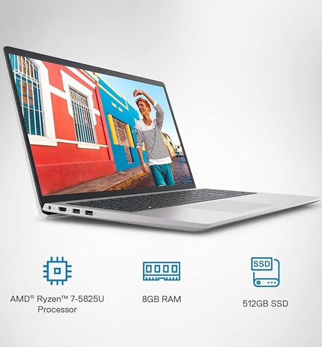 DELL New Inspiron 3525 Laptop, AMD Ryzen7-5825U, Win11 + Office'21, 8GB GDDR4, 512GB SSD, Radeon Graphics, 15.6" (39.62Cms) FHD WVA AG 120Hz 250 nits, Backlit KB (D560782WIN9S, 1.68Kgs)